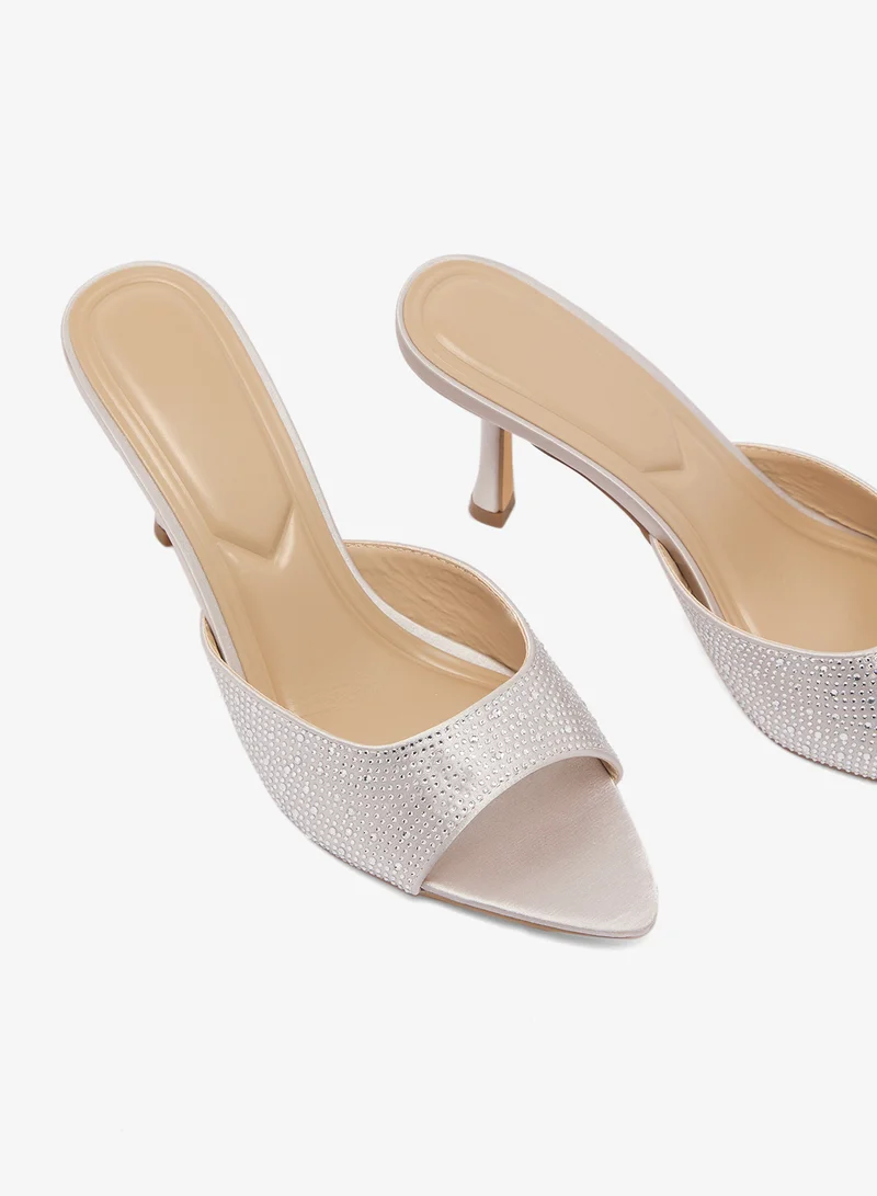 Truffle Silver satin Rhinestone Embellished Detailed High Heeled Sandals Silver for Women | Best Price UAE