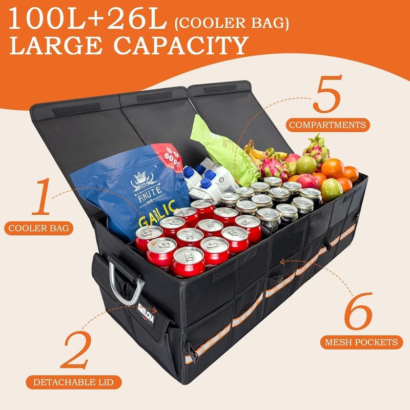 Heavy-Duty Extra Large 100L Premium Foldable Car Trunk Organizer with Lid + 26L Cooler Bag - Image 5