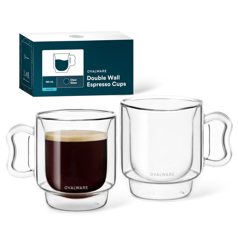 ovalware RJ3 Espresso Coffee Cups 4oz120ml Set of 2 DoubleWalled Cup wSolid Butterfly Handle  Elegant Borosilicate Espresso Shot Mug  Stackable Insulated Transparent Demitasse