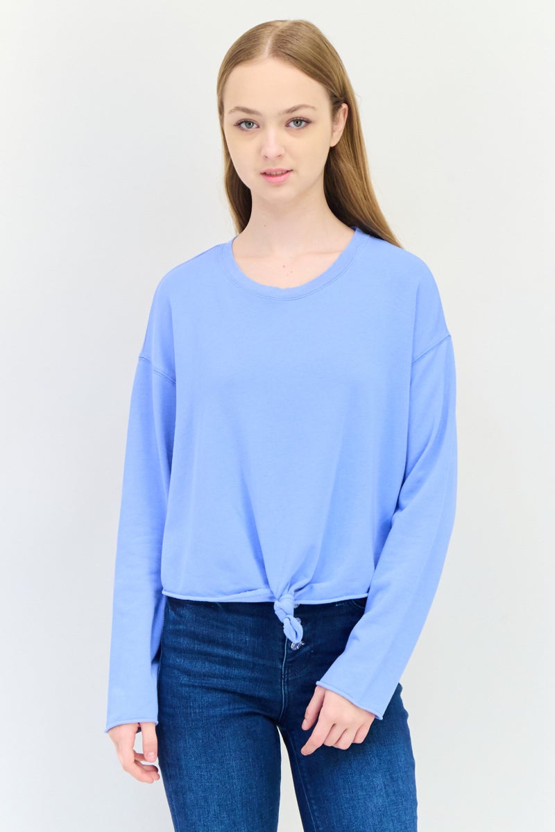 Aerie Women Crew Neck Plain Long Sleeves Top, Blue - Image 1