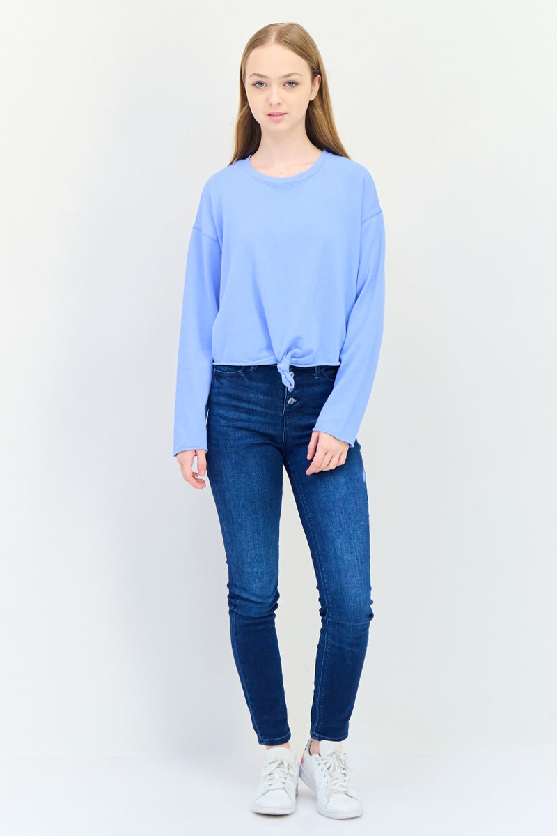 Aerie Women Crew Neck Plain Long Sleeves Top, Blue - Image 3