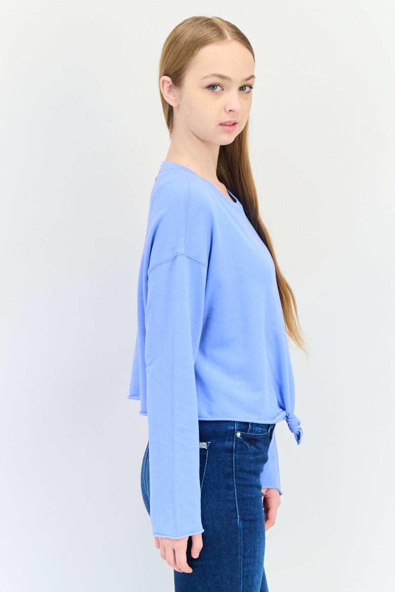 Aerie Women Crew Neck Plain Long Sleeves Top, Blue - Image 2
