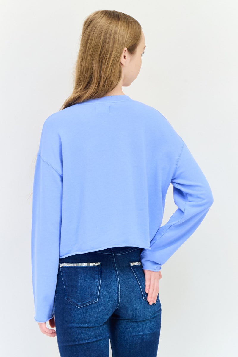 Aerie Women Crew Neck Plain Long Sleeves Top, Blue - Image 4