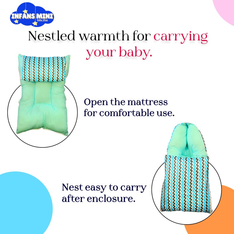 Infans Mini Zigzag Mini 3 in 1 Baby's Cotton Bed Cum Carry Bed Printed Baby Sleeping Bag-Baby Bed-Infant Portable for Unisex Easily Portable, Light Weight Carry for New Born 0-4 Months Old(Blue) - Image 3