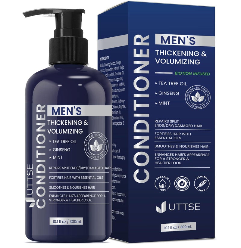 Uttse Biotin Hair Growth Conditioner for Men: Natural Thickening and Volumizing Conditioner with Tea Tree Oil Ginseng Mint for Hair Loss and Thinning Hair - 10.1 fl.oz, Dark Blue - Image 1