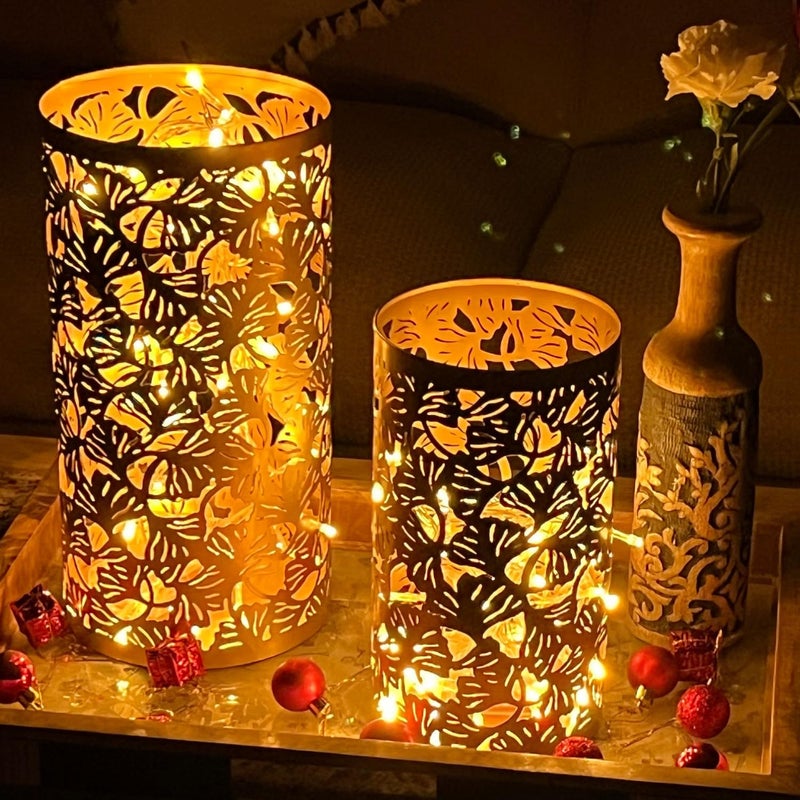 Hurricane Candle Lanterns Metal Set – Arabic Retro Vintage Ramadan Candleholder Centerpieces for Weddings, Indoor, Garden, Living Room & Dining Table Home Décor (LED Hurricane Gold)