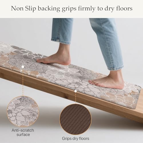 GENIMO Kitchen Mats for Floor, Kitchen Rugs Non Slip Washable Sets of 2, Waterproof Cushioned Anti Fatigue Mat, Floral Runner Rug for Laundry, Sink, Office, Home, 17.3"x47"+17.3"x30", Taupe Grey - Image 4