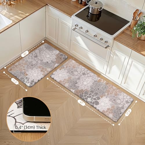 GENIMO Kitchen Mats for Floor, Kitchen Rugs Non Slip Washable Sets of 2, Waterproof Cushioned Anti Fatigue Mat, Floral Runner Rug for Laundry, Sink, Office, Home, 17.3"x47"+17.3"x30", Taupe Grey - Image 2