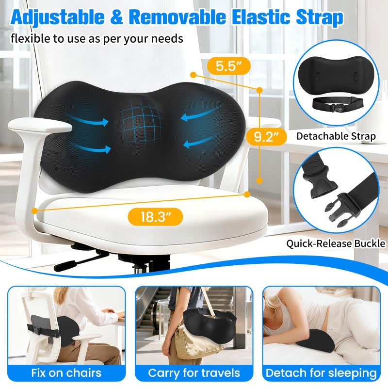 SweetSlubr Lumbar Support Pillow for Office Chair - Memory Foam Lumbar Pillow with Detachable Strap & Breathable Cover, Ergonomic Back Support for Office Chair, Car Seat Cushion, Bed Rest (Black) - Image 2