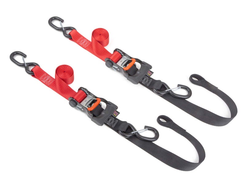 PowerTye 15in x 65ft Ergonomic Locking Ratchet SoftTye Straps with HeavyDuty Latch Hooks Made in USA 1000 lb Working Load Limit 3000 lb Breaking Strength RedBlack Pair