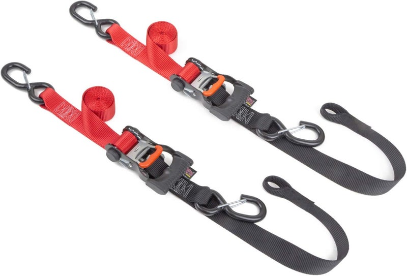 PowerTye 1.5in x 6.5ft Ergonomic Locking Ratchet Soft-Tye Straps with Heavy-Duty Latch Hooks - Red/Black (Pair) - Image 1