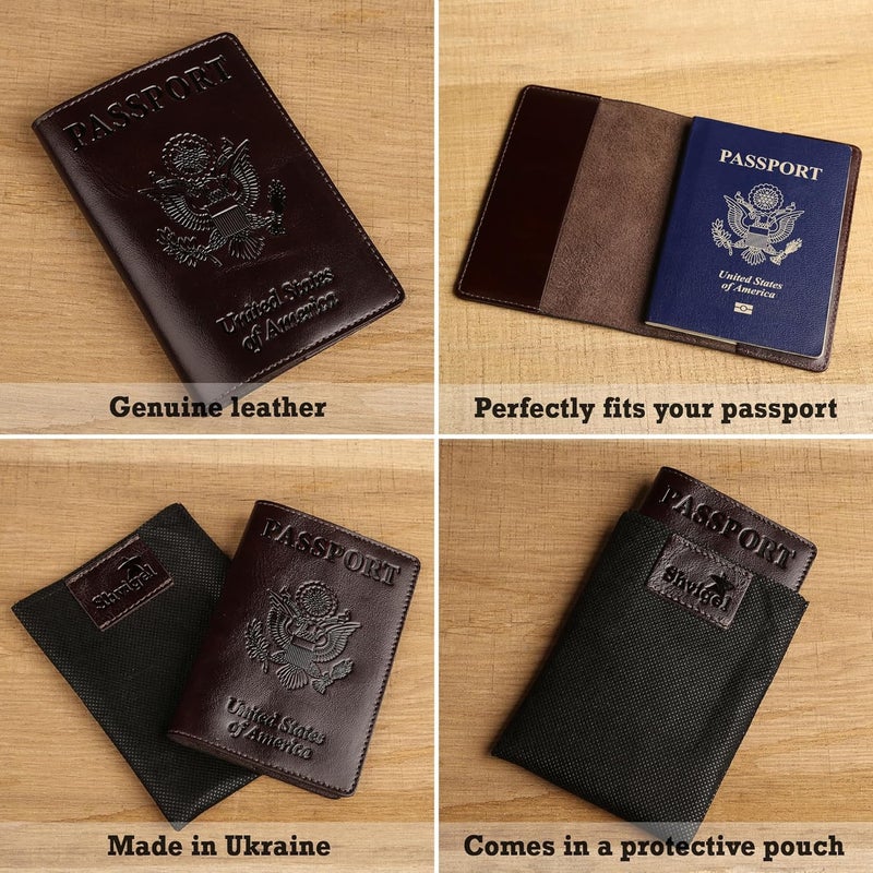 Shvigel US Leather Passport Book Cover - Thin American Travel Passport Holder - Premium International USA Passport Protector Case for Women Men (Glossy Brown) - Image 3