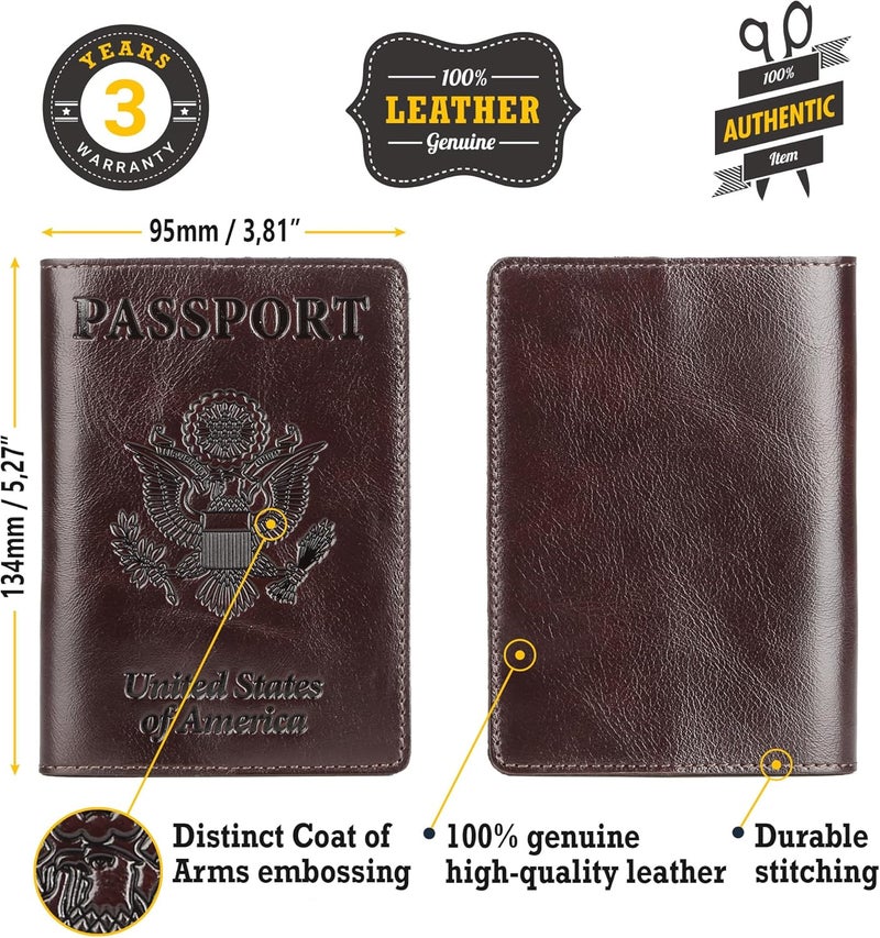 Shvigel US Leather Passport Book Cover - Thin American Travel Passport Holder - Premium International USA Passport Protector Case for Women Men (Glossy Brown) - Image 2