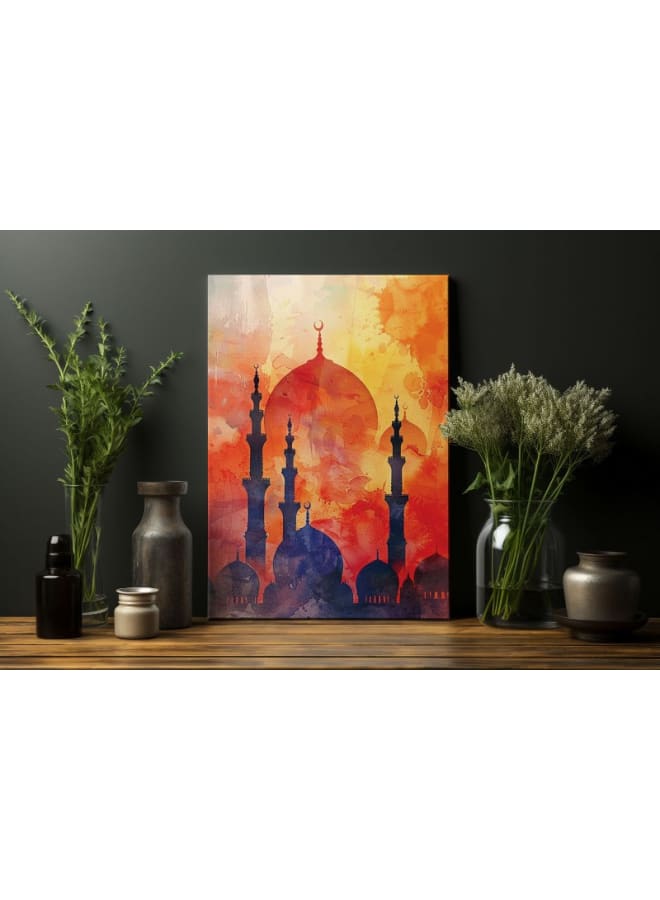 Home Gallery Watercolor Painting mosque With Red background Printed On Canvas Wall Art - Image 4