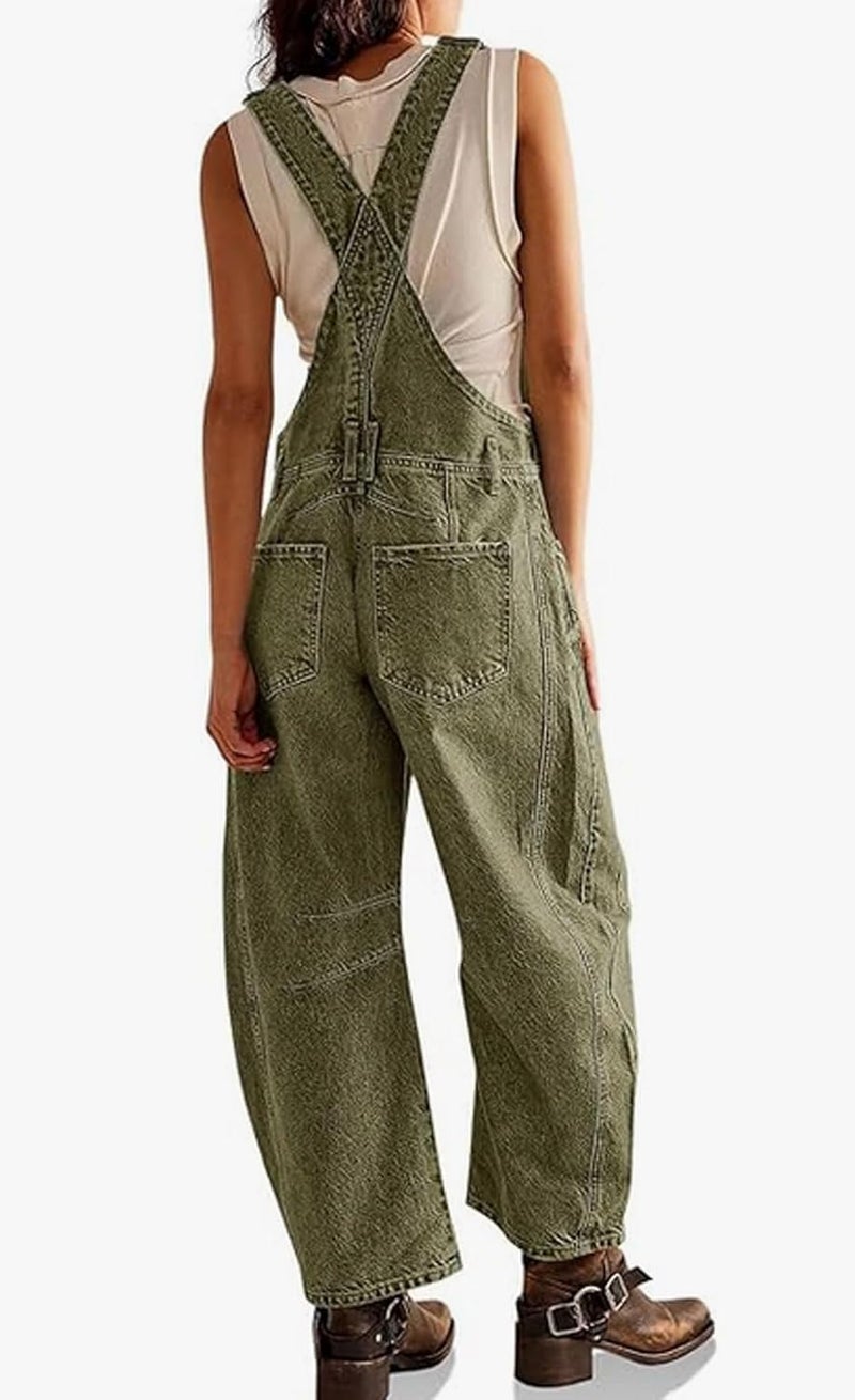 yoeasy Womens Denim Bib Overalls Barrel Wide Leg Baggy Adjustable Strap Denim Pants Jumpsuits with Pockets (X-Large, Army Green) - Image 3