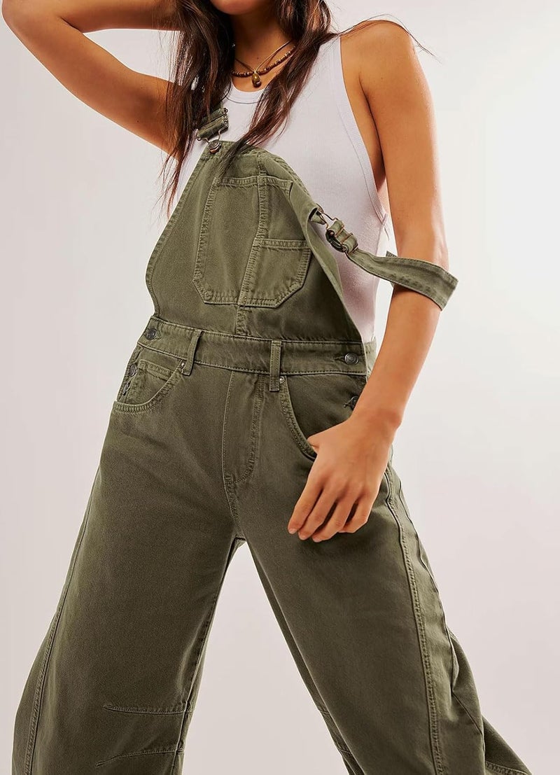 yoeasy Womens Denim Bib Overalls Barrel Wide Leg Baggy Adjustable Strap Denim Pants Jumpsuits with Pockets (X-Large, Army Green) - Image 4