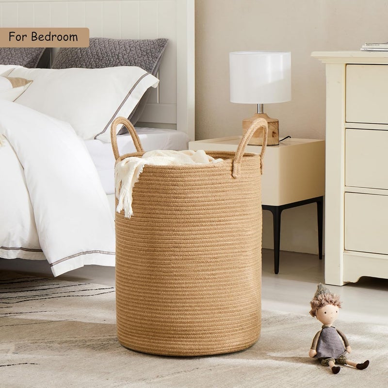 15Dx20H Inches Jute Woven Laundry Hamper Basket Wicker Rope Clothes Hamper Tall Rattan Blanket Basket in Living Room Bedroom 62L Large Capacity - Image 3