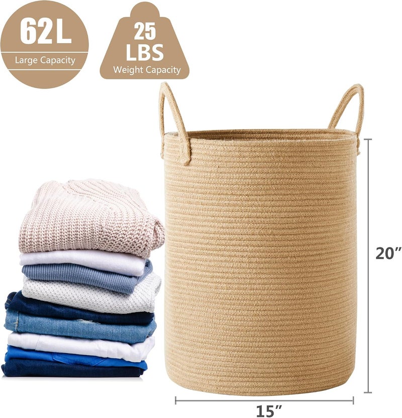 15Dx20H Inches Jute Woven Laundry Hamper Basket Wicker Rope Clothes Hamper Tall Rattan Blanket Basket in Living Room Bedroom 62L Large Capacity - Image 4