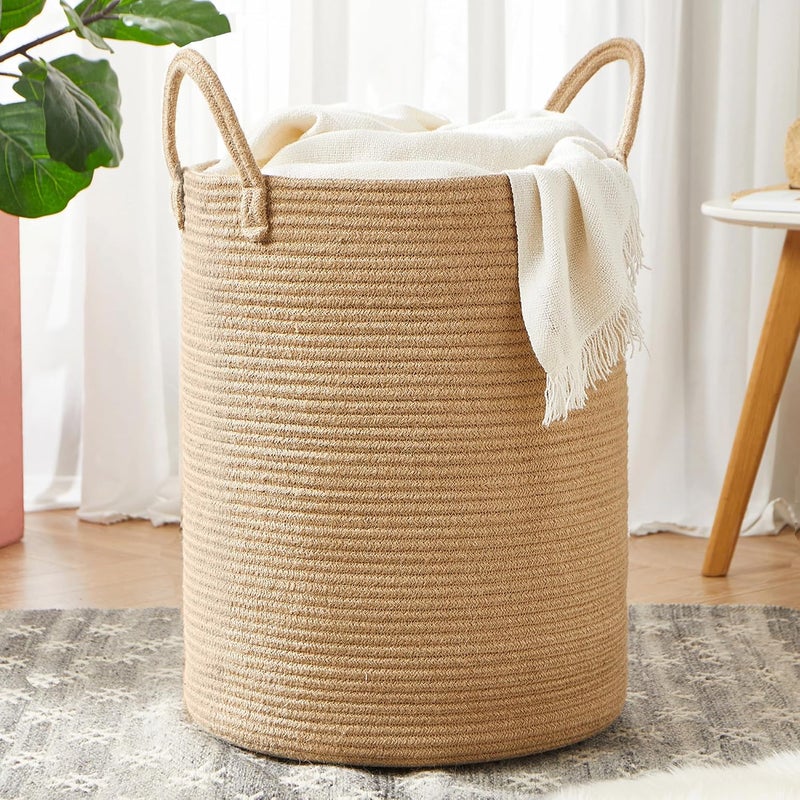 15Dx20H Inches Jute Woven Laundry Hamper Basket Wicker Rope Clothes Hamper Tall Rattan Blanket Basket in Living Room Bedroom 62L Large Capacity - Image 1