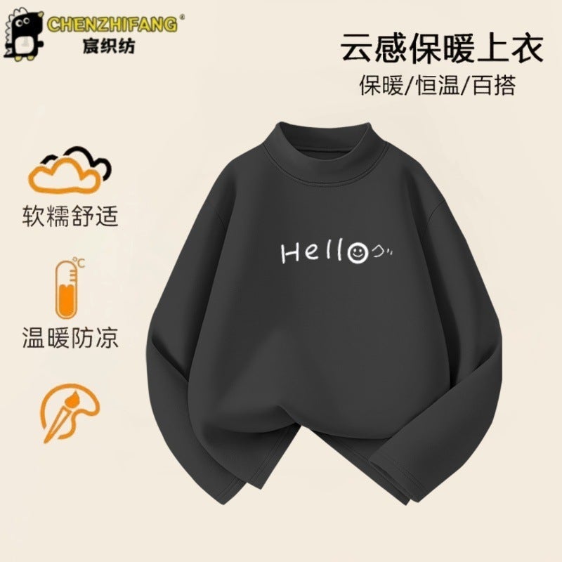 Children'S Wear Boys' Fleece Base Shirt Half-Turtleneck Children'S Warm Long-Sleeved T-Shirt Top - Image 1