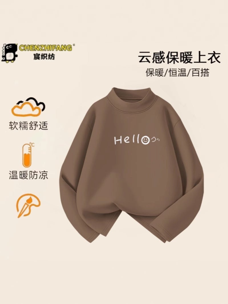 Children'S Wear Boys' Fleece Base Shirt Half-Turtleneck Children'S Warm Long-Sleeved T-Shirt Top - Image 2