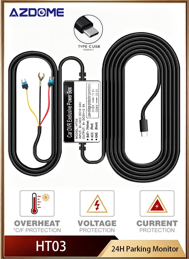 أزدوم طقم التوصيل المباشر HT03 - كابل مراقبة الانتظار 24 ساعة مع منفذ Type-C و صمامات - يحول 12V-24V إلى 5V/2.5A - متوافق مع معظم كاميرات السيارة مزود بحماية من انخفاض الجهد - Image 1