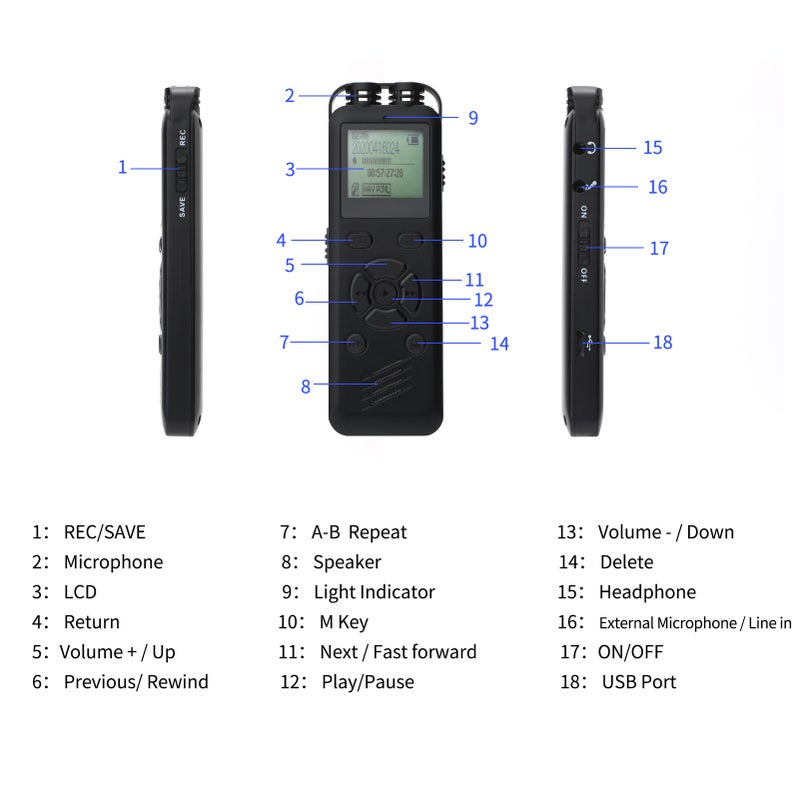 8GB Digital Voice Recorder Voice Activated Recorder MP3 Player 1536Kbps HD Recording Noise Reduction Timing Recording Password Function Dual Condenser Microphone 10hrs 15h Continuous Recording for - Image 3