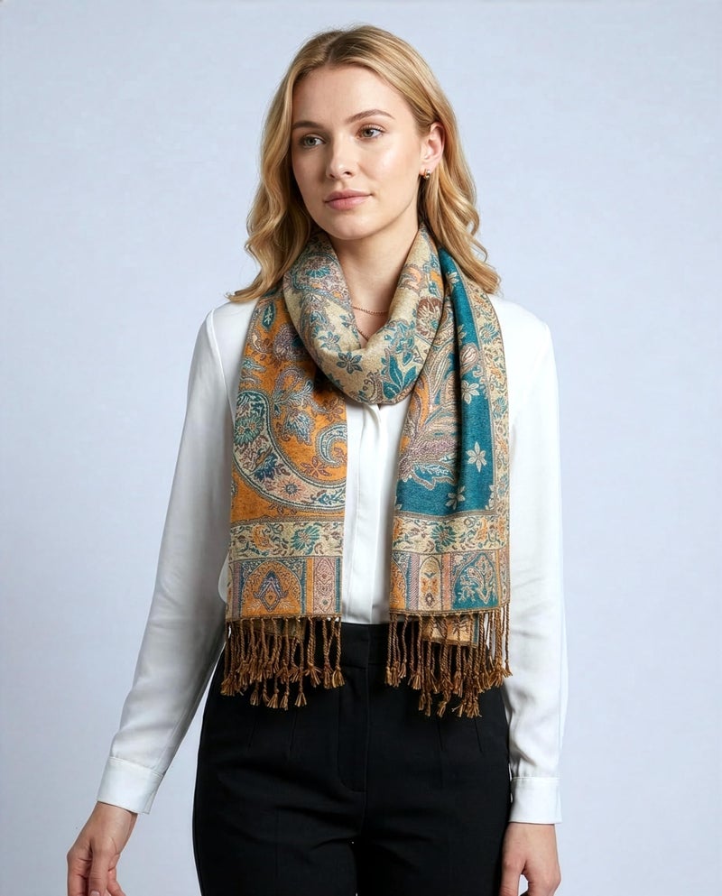 Achillea Elegant Paisley Floral Pashmina Shawl and Wrap â€“ Boho Rave Scarf for Festival, Travel & Everyday Wear (Teal Dark Amber) - Image 2