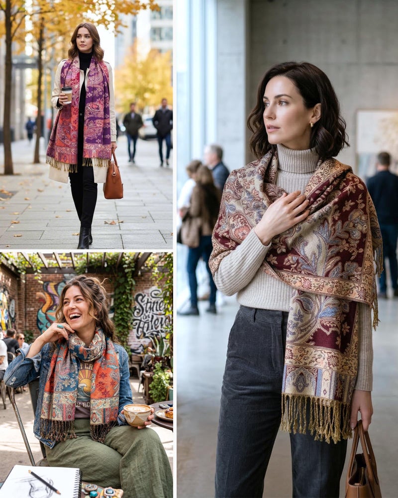 Achillea Elegant Paisley Floral Pashmina Shawl and Wrap â€“ Boho Rave Scarf for Festival, Travel & Everyday Wear (Teal Dark Amber) - Image 4