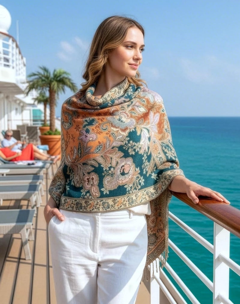 Achillea Elegant Paisley Floral Pashmina Shawl and Wrap â€“ Boho Rave Scarf for Festival, Travel & Everyday Wear (Teal Dark Amber) - Image 3