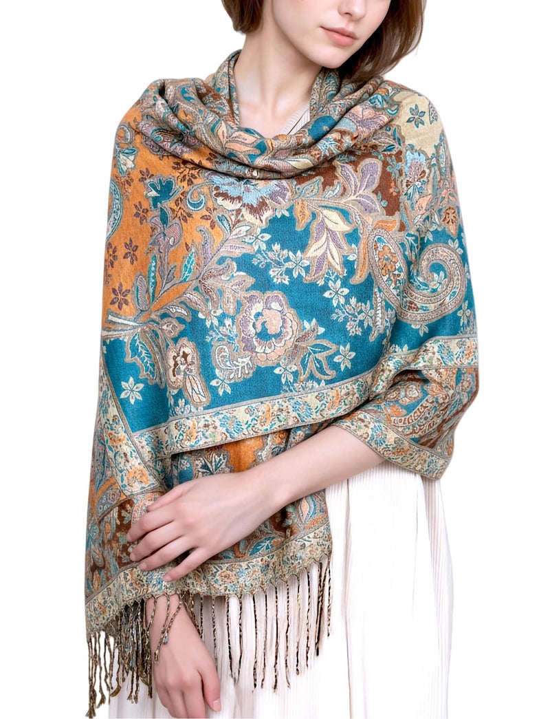 Achillea Elegant Paisley Floral Pashmina Shawl and Wrap â€“ Boho Rave Scarf for Festival, Travel & Everyday Wear (Teal Dark Amber) - Image 1