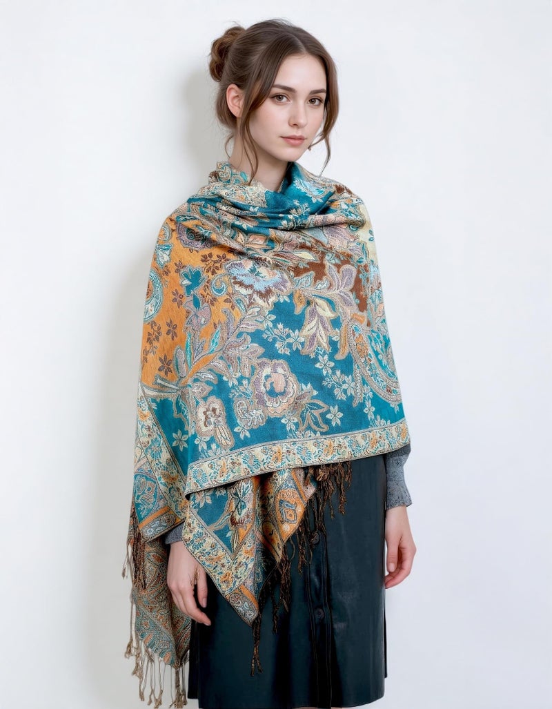 Achillea Elegant Paisley Floral Pashmina Shawl and Wrap â€“ Boho Rave Scarf for Festival, Travel & Everyday Wear (Teal Dark Amber) - Image 5