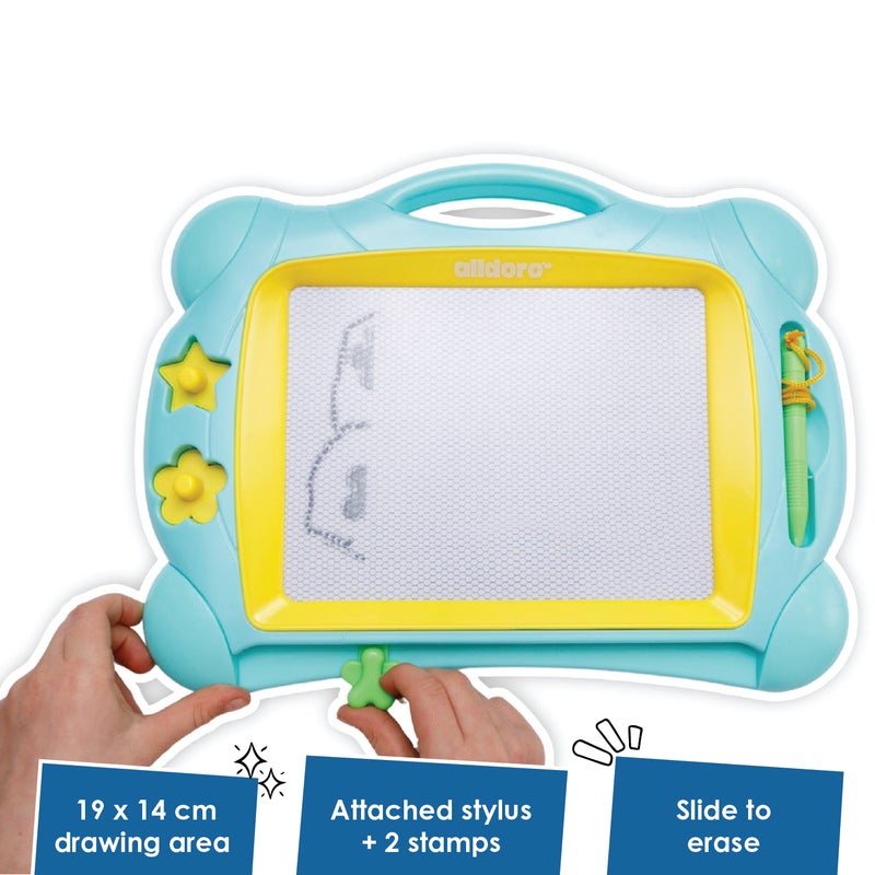 alldoro Magnetic Drawing Board | 19x14cm Screen | Compact 32x25x3cm | Stylus & 2 Stamps | Erasable Travel Doodle Toy for Kids Age 3+ - Image 2