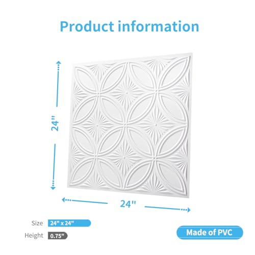 Art3d Decorative PVC Drop Ceiling Tile 2ft x 2ft in White,Glue up Ceiling Panel 24 x 24in.12pcs - Image 4