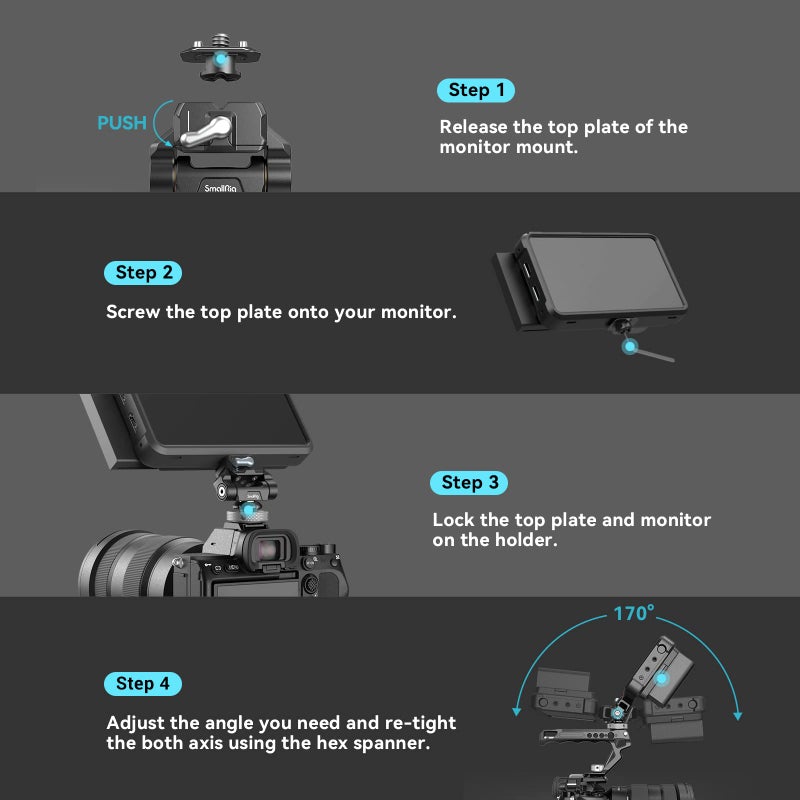 SmallRig Quick Release Camera Monitor Mount with Cold Shoe, Supports Swivel 360° and Tilt 170° Adjustable, Drop-in HawkLock Camera Hot Cold Shoe Monitor Holder for 5" & 7" Monitor - 3514C - Image 5