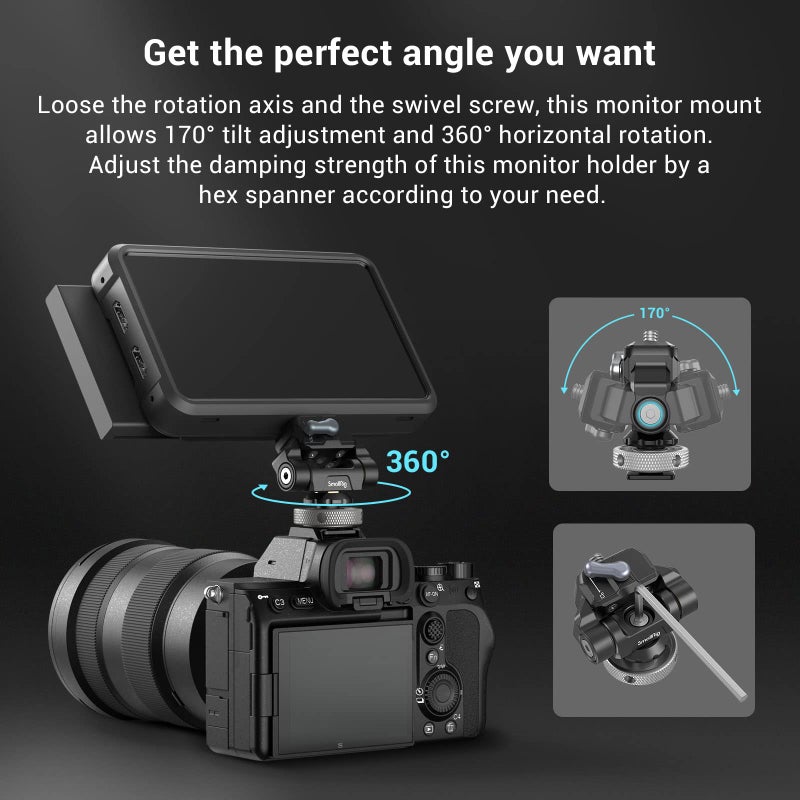 SmallRig Quick Release Camera Monitor Mount with Cold Shoe, Supports Swivel 360° and Tilt 170° Adjustable, Drop-in HawkLock Camera Hot Cold Shoe Monitor Holder for 5" & 7" Monitor - 3514C - Image 3