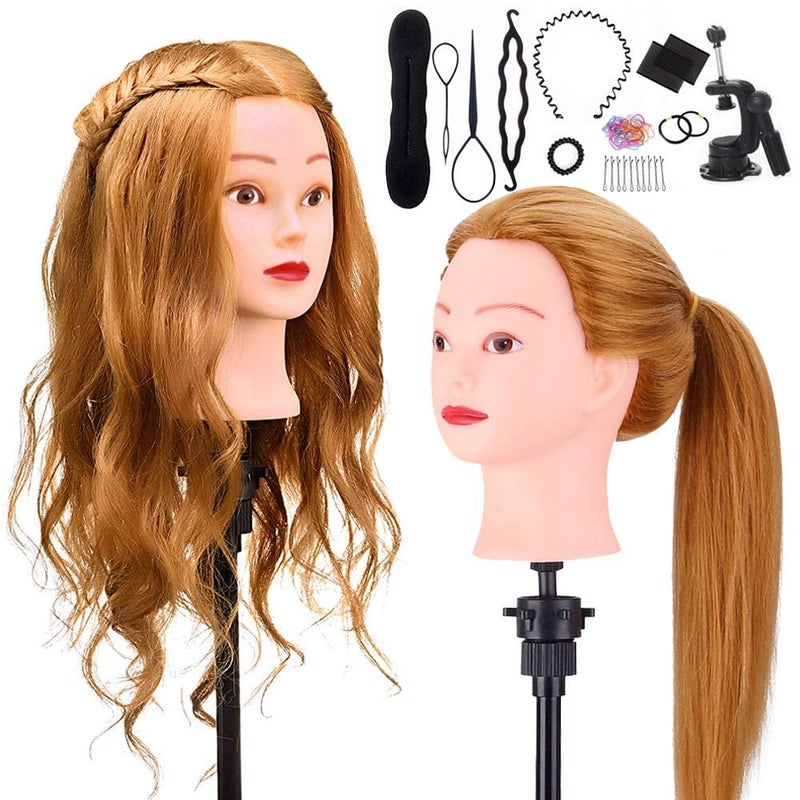 Mannequin Head with 60 Human Hair TopDirect 24 Blonde Real Hair Cosmetology Mannequin Head Hair Styling Hairdressing Practice Training Doll Heads with Clamp Holder and Tools