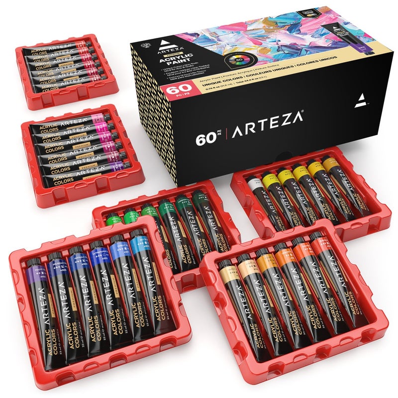 ARTEZA طقم ألوان أكريليك ARTEZA من 60 لون، أنابيب سعة 0.74 أونصة، 5 ألوان أكريليك معدنية، ألوان غير سامة للفنانين. مستلزمات فنية للرسم. - Image 1