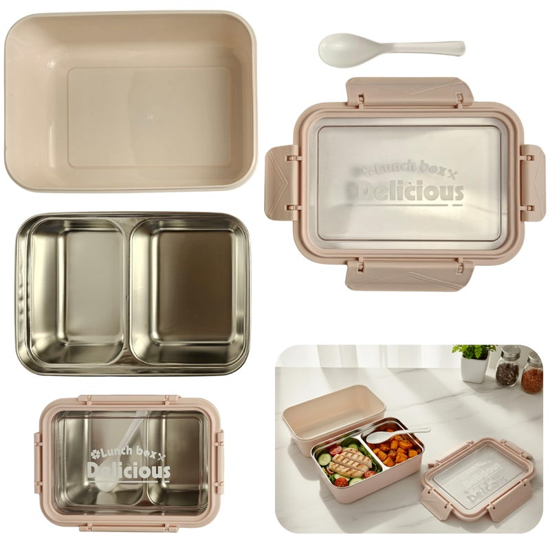 SOBHYS Stainless Steel Lunch Box with Removable Inner Tray, Leak-Resistant Silicone Seal, 2 Compartments, 19 × 14 × 5 cm, Rectangular, Light Blue Blush Pink Soft Yellow – SOBHYS (Blush Pink) - Image 1