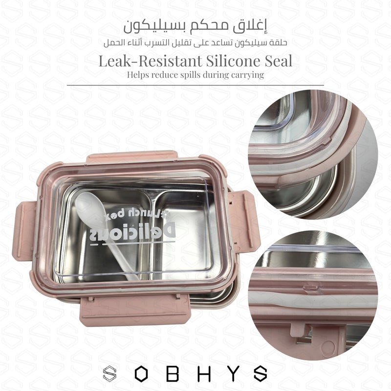 SOBHYS Stainless Steel Lunch Box with Removable Inner Tray, Leak-Resistant Silicone Seal, 2 Compartments, 19 × 14 × 5 cm, Rectangular, Light Blue Blush Pink Soft Yellow – SOBHYS (Blush Pink) - Image 3