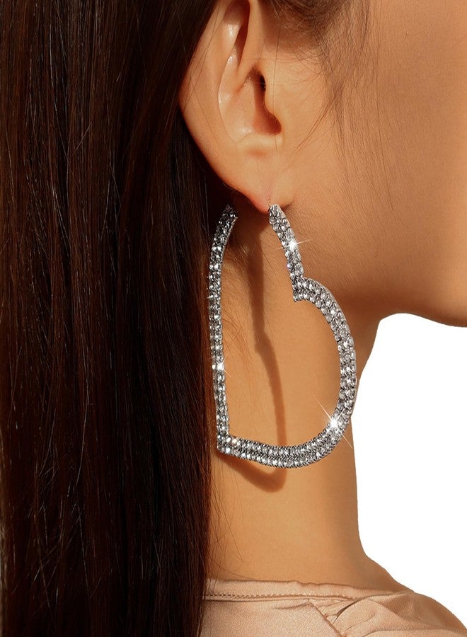 WFik 1Pair Large Rhinestone Hoop Dangle Earrings Luxury Crystal Big Circle Earrings Rhinestone Heart Earrings Statement Drop Earrings Bridal Wedding Body Accessories Jewelry for Women (Heart&silver) - Image 2