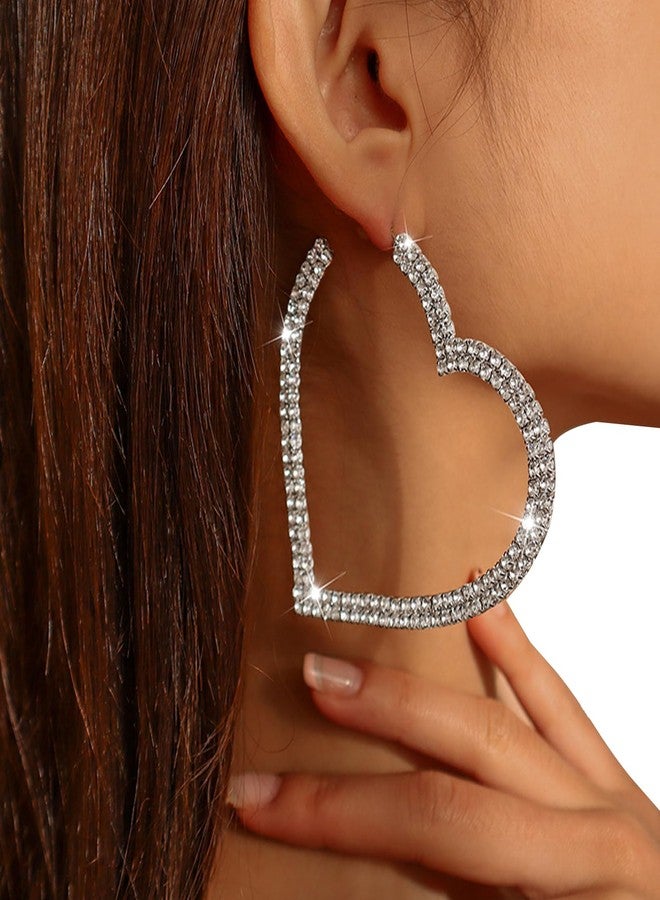 WFik 1Pair Large Rhinestone Hoop Dangle Earrings Luxury Crystal Big Circle Earrings Rhinestone Heart Earrings Statement Drop Earrings Bridal Wedding Body Accessories Jewelry for Women (Heart&silver) - Image 4
