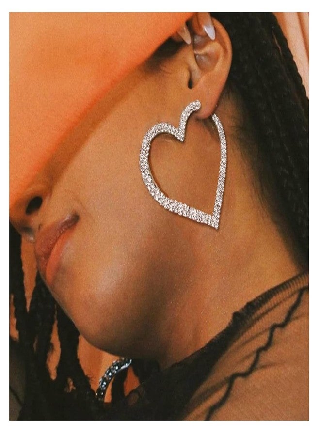 WFik 1Pair Large Rhinestone Hoop Dangle Earrings Luxury Crystal Big Circle Earrings Rhinestone Heart Earrings Statement Drop Earrings Bridal Wedding Body Accessories Jewelry for Women (Heart&silver) - Image 3
