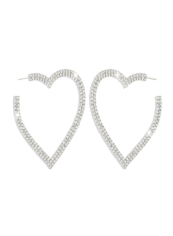 WFik 1Pair Large Rhinestone Hoop Dangle Earrings Luxury Crystal Big Circle Earrings Rhinestone Heart Earrings Statement Drop Earrings Bridal Wedding Body Accessories Jewelry for Women (Heart&silver) - Image 5