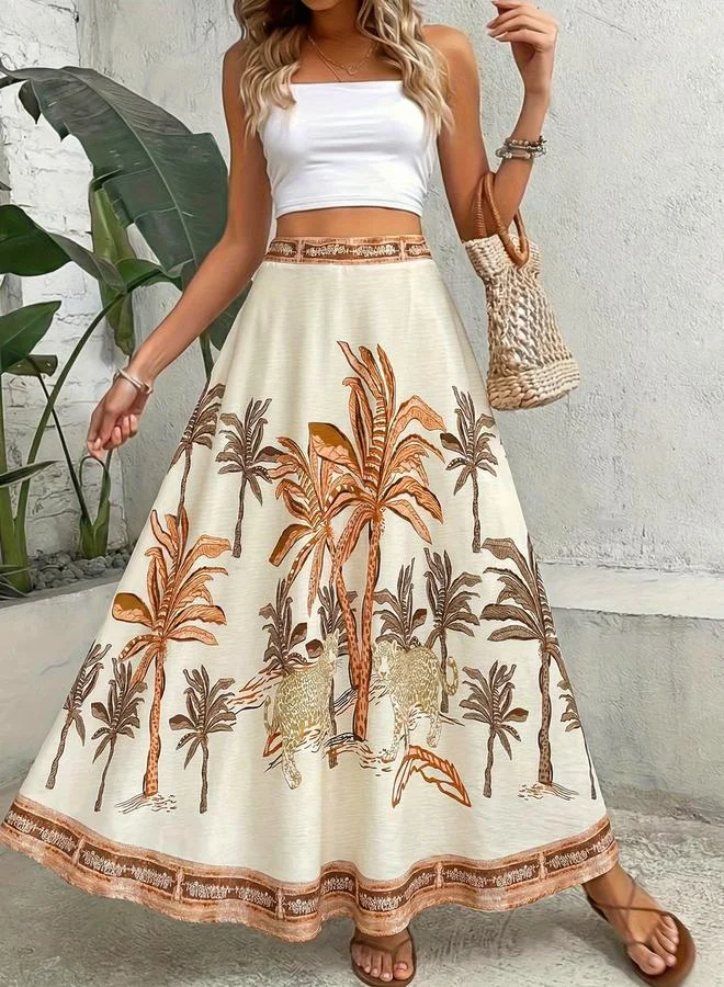 Take Two Beige Palm Tree Printed A-Line Maxi Skirt