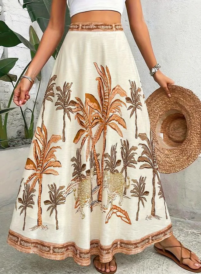 Take Two Beige Palm Tree Printed A-Line Maxi Skirt