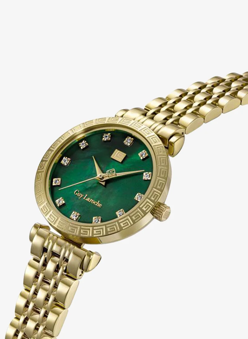 Guy Laroche Elodie Green Mother of Pearl Dial Gold Metal Bracelet Analog Watch for Women 32mm