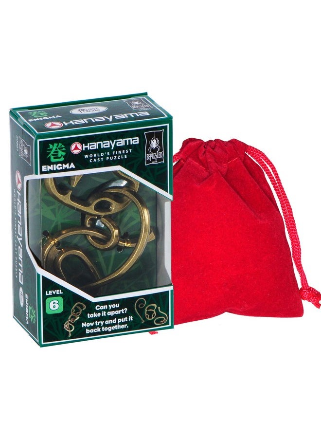 Deluxe - Enigma Hanayama Cast Metal Brain Teaser Puzzle, Level 6 Difficulty Rating, Red Velveteen Drawstring Pouch, Bundled Items - Image 1