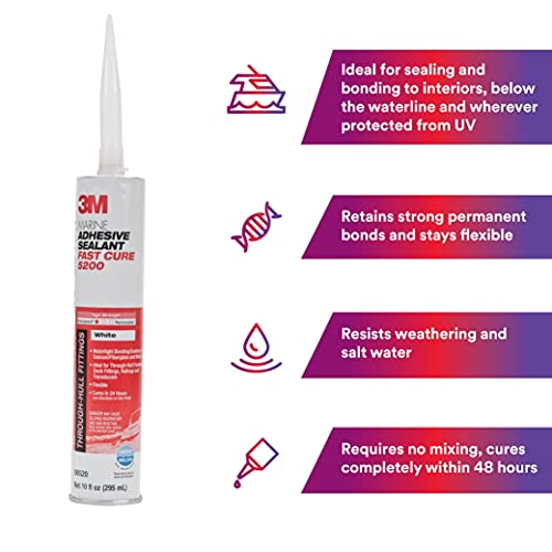 3M Marine Adhesive Sealant 5200FC Fast Cure, White, Flexible Bonds, Water-Resistant, 10 fl oz (295 mL) Cartridge with Nozzle, 1 Each - Image 2