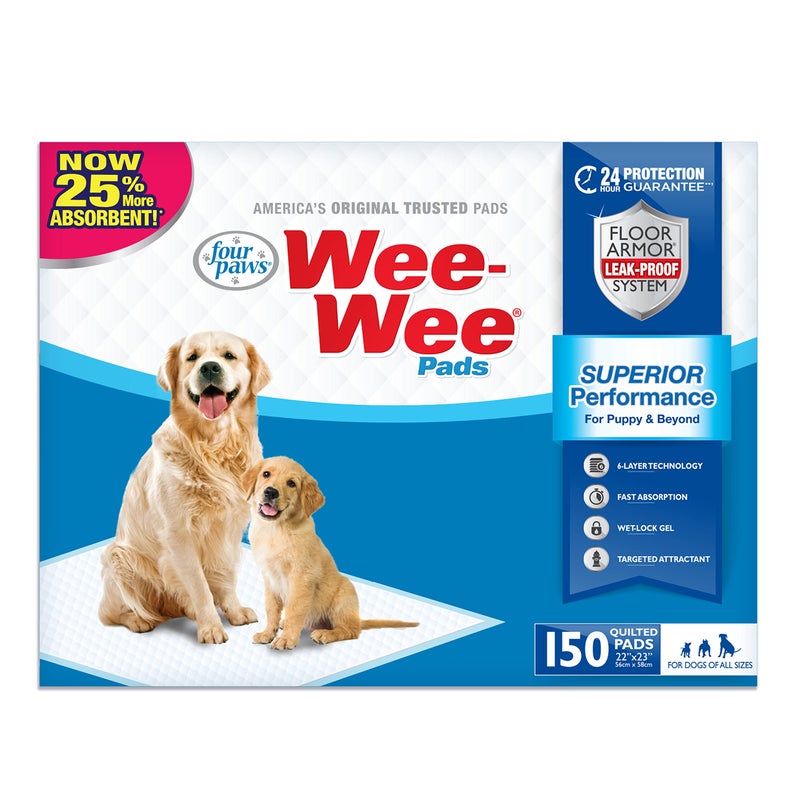 Four Paws Wee-Wee Superior Performance Unscented Pee Pads for Dogs & Puppies, Quilted Leak-Proof Dog Housebreaking Potty Training Floor Protection, 22" x 23", 150 Count - Image 1